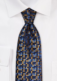 Patchwork Check Tie in Blue and Gold