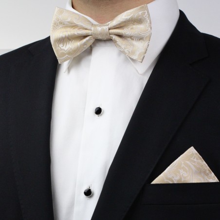 Men's Bow Tie and Pocket Square in Champagne Cream with Paisley Design Styled
