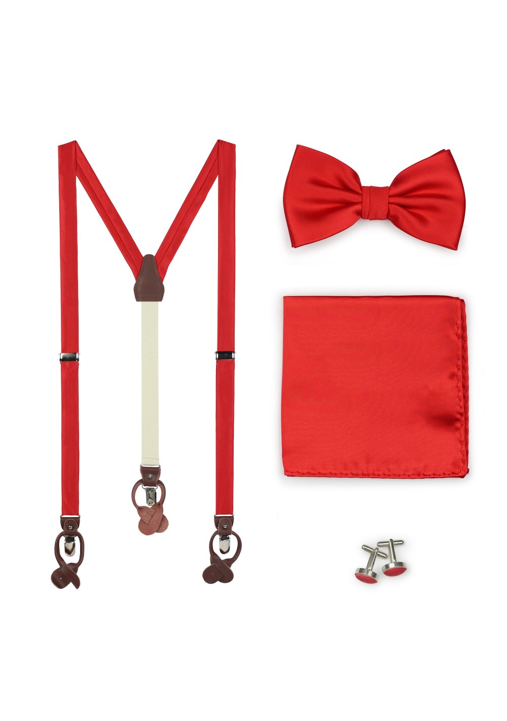 Solid Bright Red Mens Bow Tie and Suspender Combo Set with Hanky and matching Cufflinks
