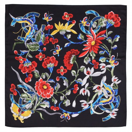 Floral Bouquet Print Scarf in Black Satin