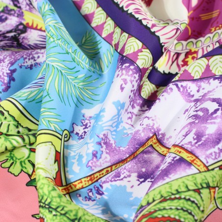 Tropical Palm Print Scarf in Pink and Aqua Close Up