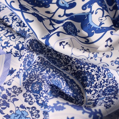 Indigo Blue and White Designer Print Scarf Close Up