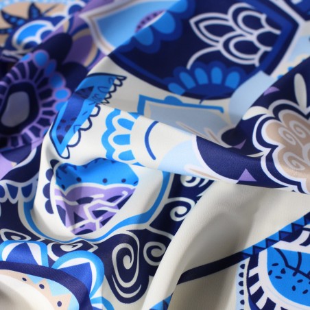 Fun Floral Paisley Designer Print Scarf in Blue and Cream Close Up