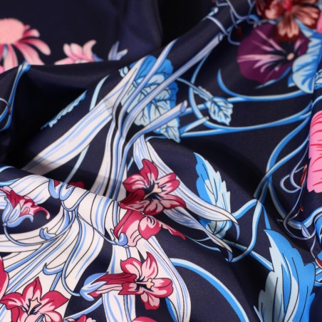 Navy, Pink, and Turquoise Floral Scarf Close Up