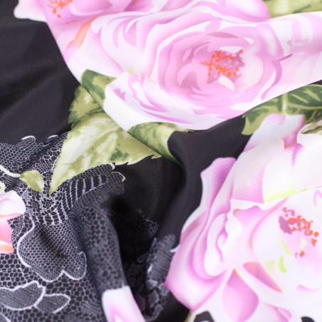 Black and Pink Rose Print Scarf Close Up