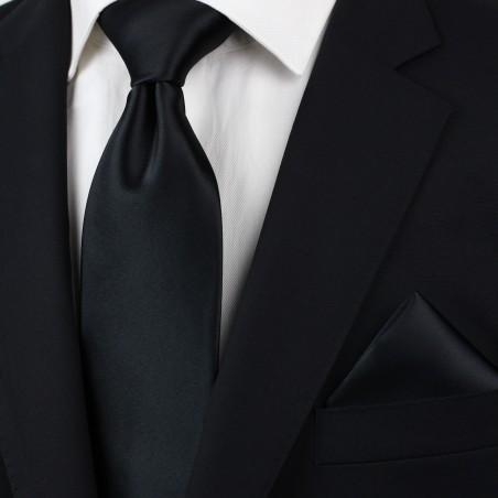 Extra long mens tie in solid black satin