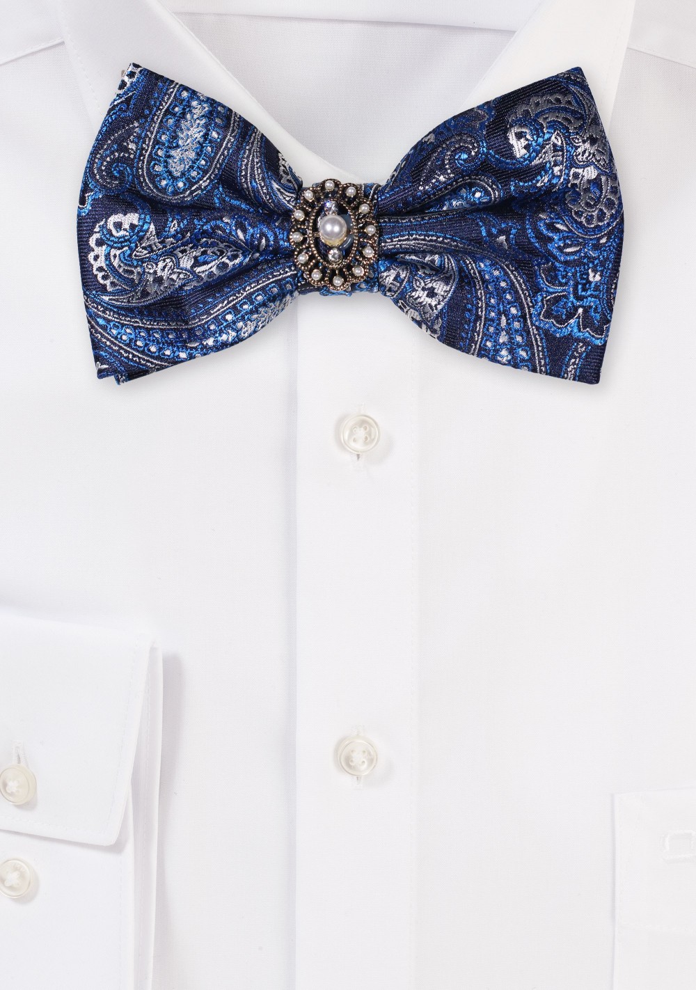 Blue Paisley Bow Tie with Center Pearl Decoration