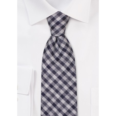 Navy and Silver Gingham Check Skinny Tie