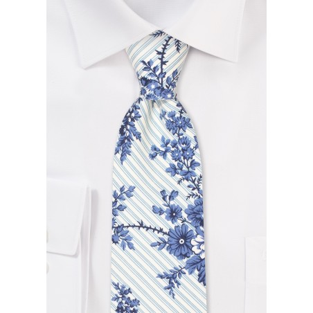 Striped Floral Skinny Tie in Blue