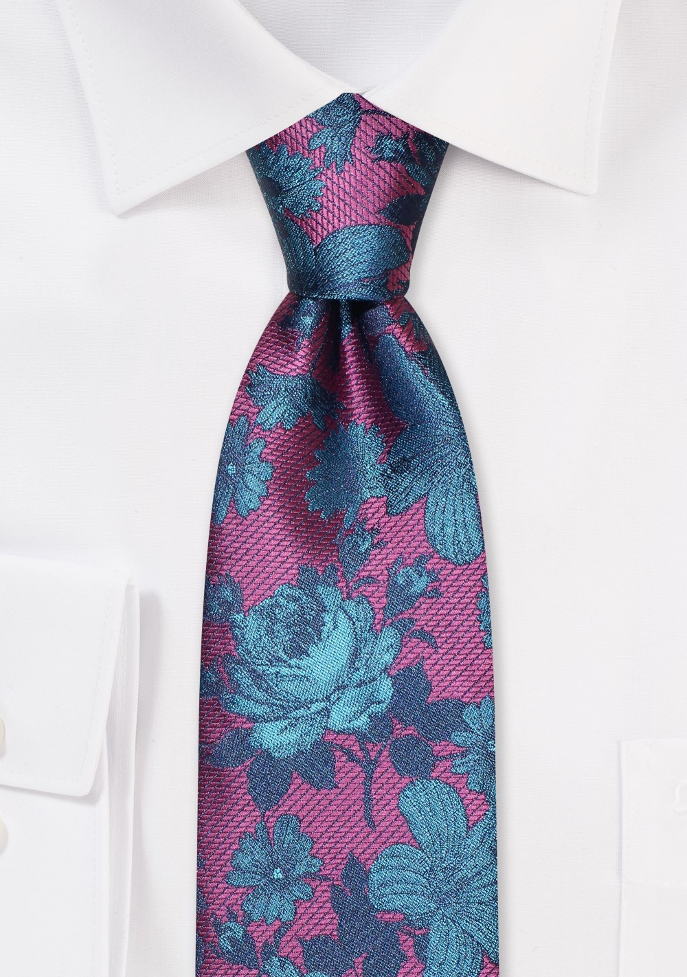 Slim Designer Tie in Berry with Teal Floral Weave