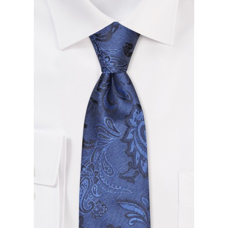 Slim Wool Textured Tie in Dark Navy Paisley Design