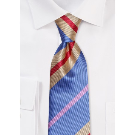 Slim Cut Striped Tie in Blue, Cherry, and Gold