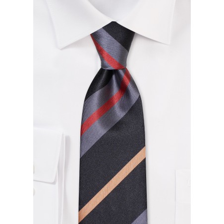 Slim Cut Striped Tie in Charcoal, Silver, Bronze, and Gold