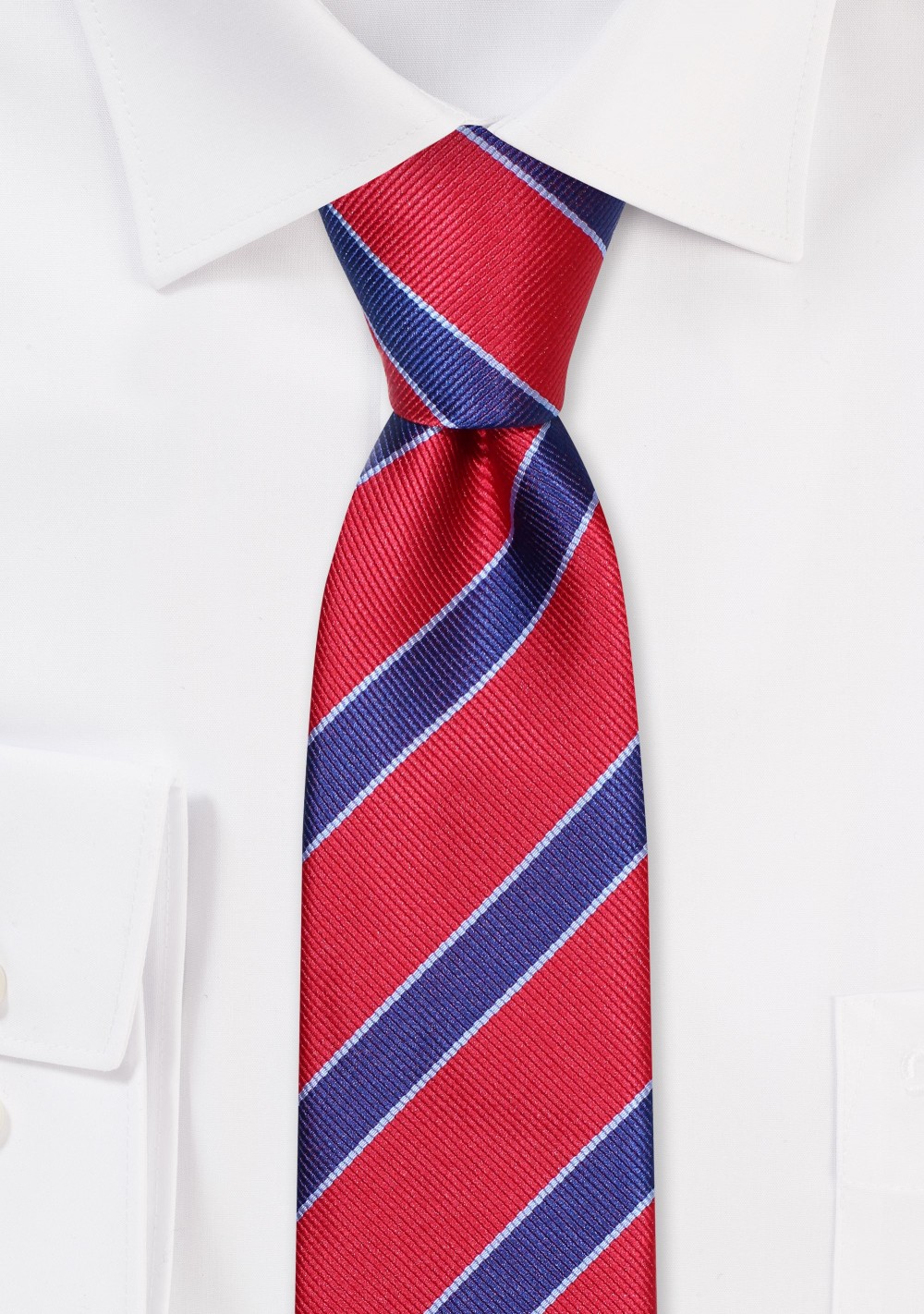 Repp Skinny Tie in Cherry, Navy, and Light Blue