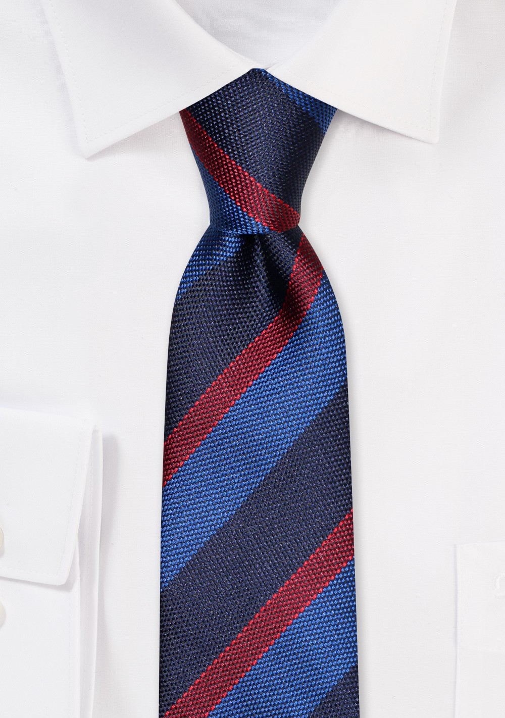 Grenadine Textured Striped Skinny Tie in Blue and Cherry