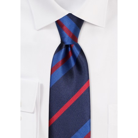 Slim Cut Striped Tie in Blues and Red