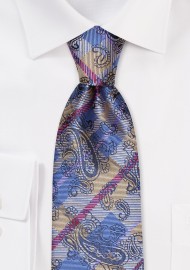 Paisley Check Tie in Periwinkle and Gold