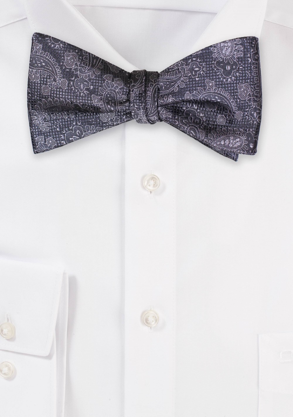 Charcoal Gray Paisley Bowtie in Self-Tie Style