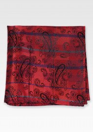 Paisley Check Pocket Square in Cherry Red