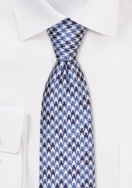 Slim Houndstooth Check Tie in Blues and White
