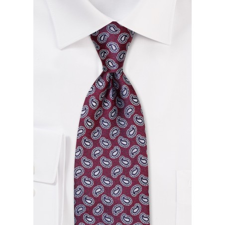 Burgundy and Silver Paisley Tie in Raw Silk Weave