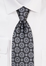 Black and Silver Medallion Weave Silk Tie