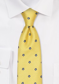 Yellow Tie with Tiny Embroidered Florals in Blue