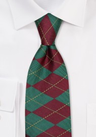 Argyle Check Tie in Green and Burgundy
