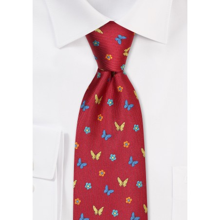 Wine Red Tie with Embroidered Butterflies