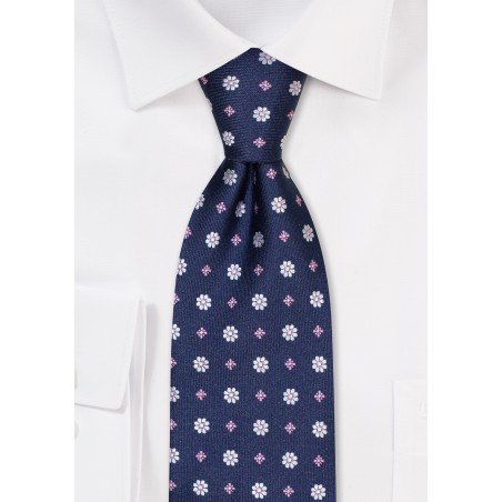 Navy Tie with Tiny Embroidered Flowers in Pink