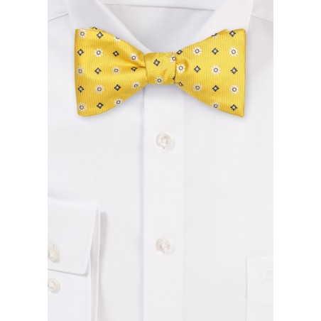 Golden Yellow Floral Bow Tie in Self Tie Style