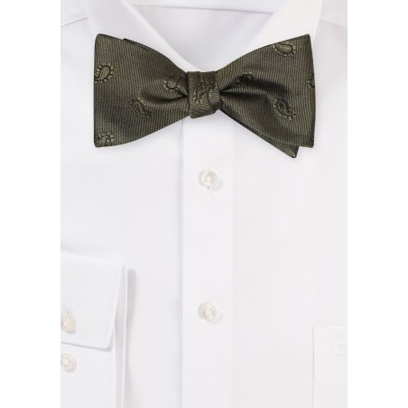 Olive Green Paisley Bowtie in Self-Tie Style