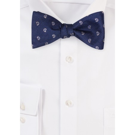 Navy and Silver Paisley Bow Tie in Self-Tie Style