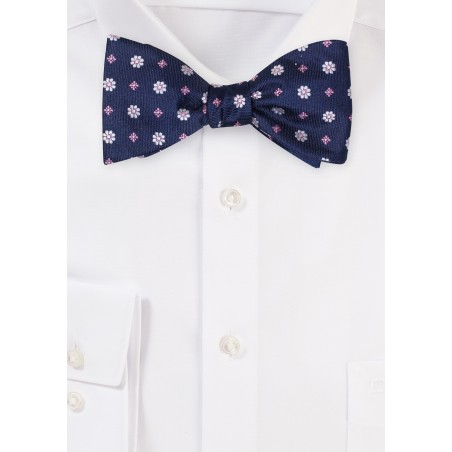 Navy Self Tie Bow Tie with Pink Flowers