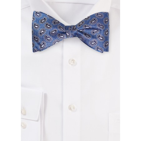 Blue and Gold Paisley Bow Tie in Pure Silk
