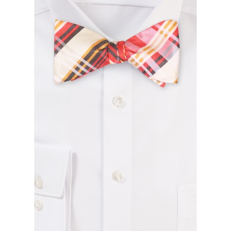 Coral Pink Plaid Bowtie in Self-Tie Style