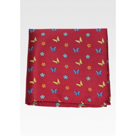 Maroon Red Hanky with Embroidered Butterflies