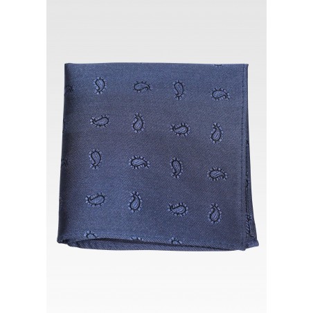 Steel Blue Silk Pocket Square with Woven Paisley