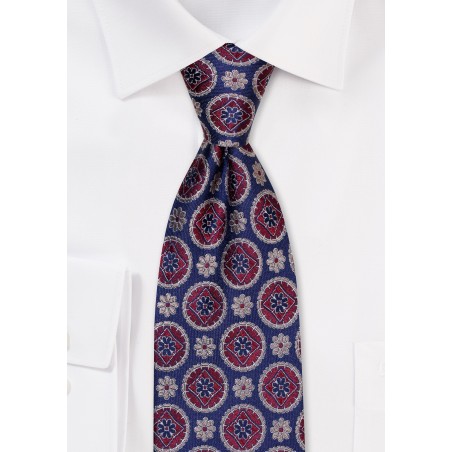 Navy Silk Tie with Wine Colored Medallions