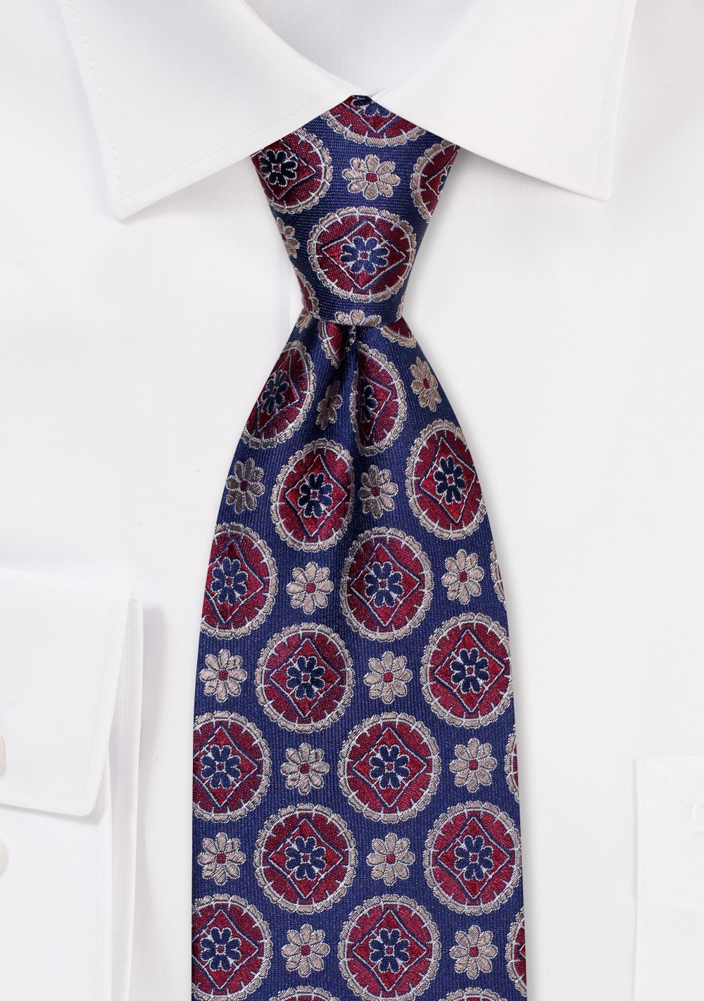 Navy Silk Tie with Wine Colored Medallions