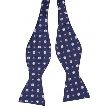 Navy Self Tie Bow Tie with Pink Flowers Untied