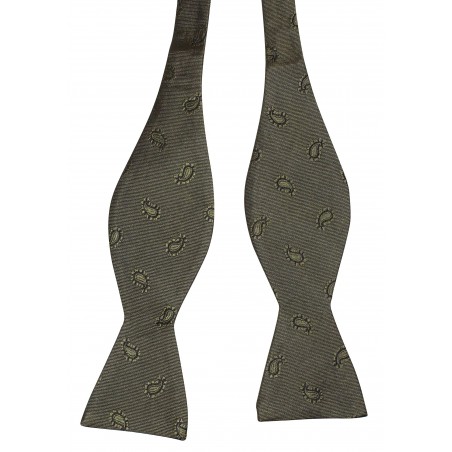 Olive Green Paisley Bowtie in Self-Tie Style Untied