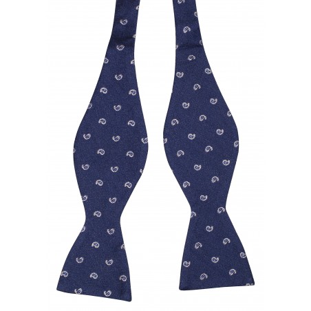 Navy and Silver Paisley Bow Tie in Self-Tie Style Untied