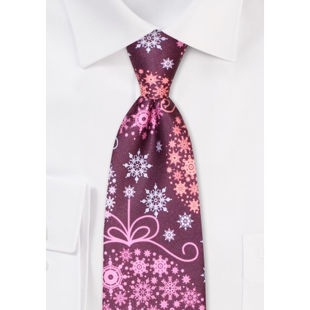XL Tie in Wine Red with Christmas Ornament Print