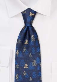Navy and Gold Holiday Tree Print Necktie