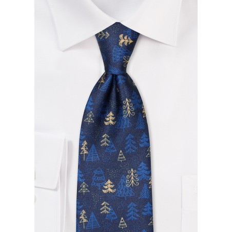 Navy and Gold Pine Tree Print Tie in XL