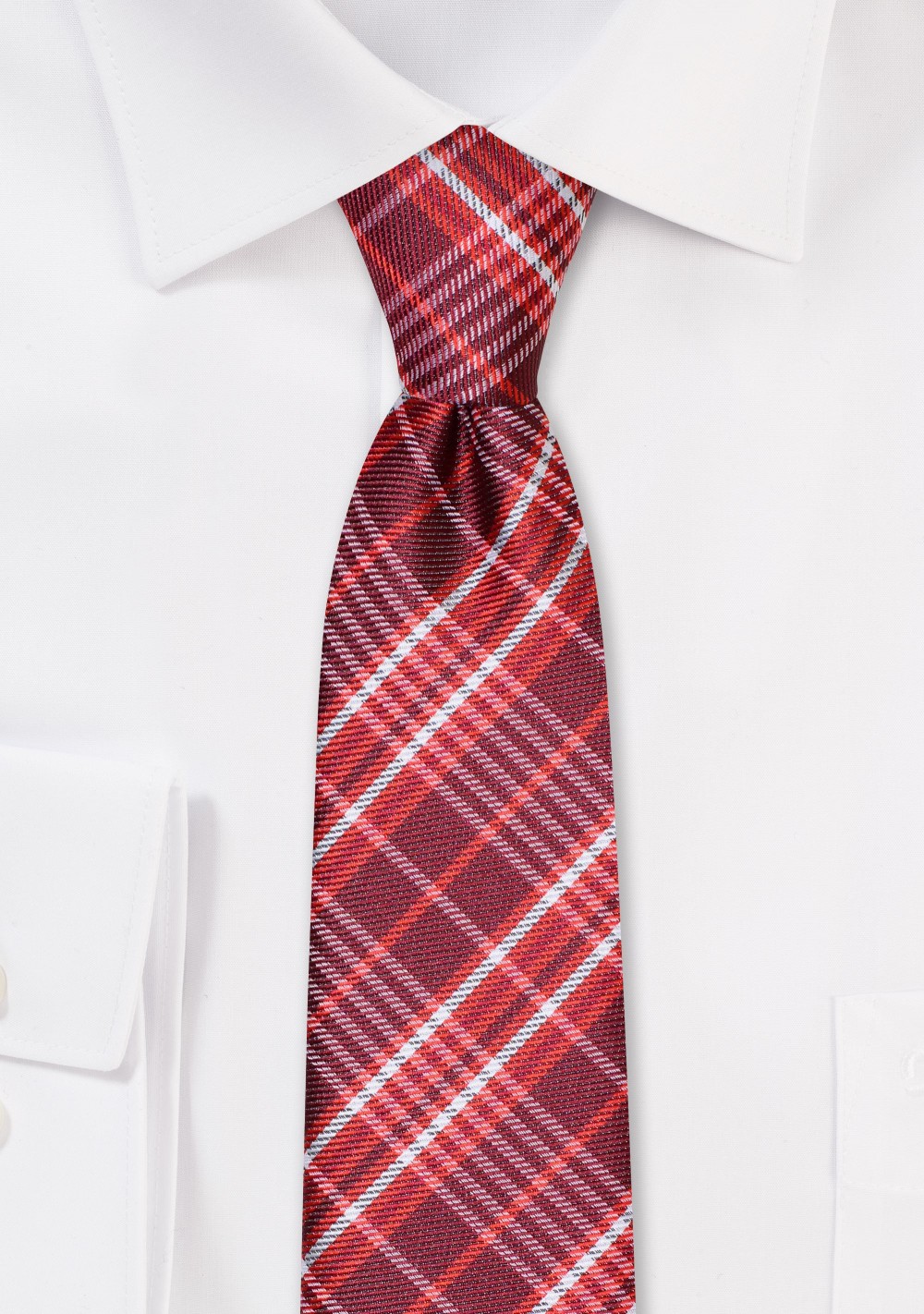 Slim Cut Tartan Check Tie in Red and White