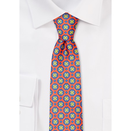 Designer Print Skinny Tie in Pink and Orange