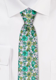 Green and White Floral Print Skinny Tie