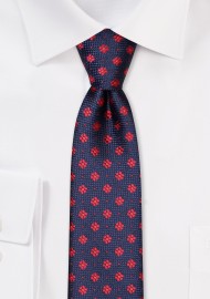 Navy Skinny tie with Cherry Red Woven Florals